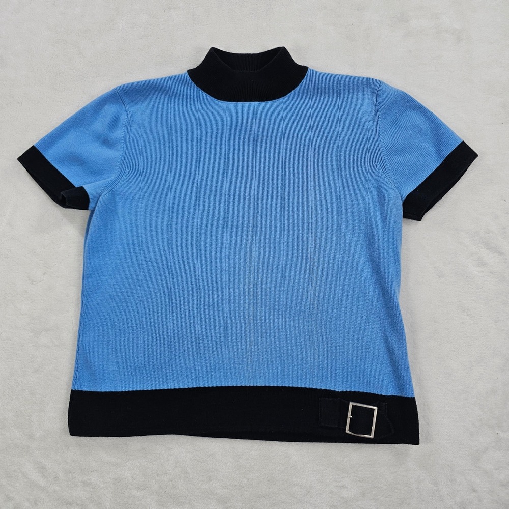 Designers Originals Blue Black Mock Neck Short Sleeve Cotton Buckle Sweater PM
